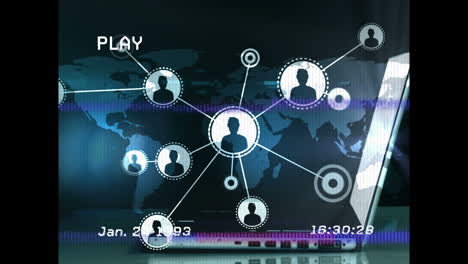 animación del procesamiento de datos con un mapa del mundo sobre una computadora portátil y un empresario caucásico