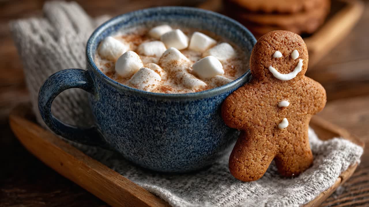 Delightful Hot Chocolate Perfectly Paired with a Gingerbread Cookie Featuring a Charming Smile and Marshmallows, Ideal for Cozy Winter Moments