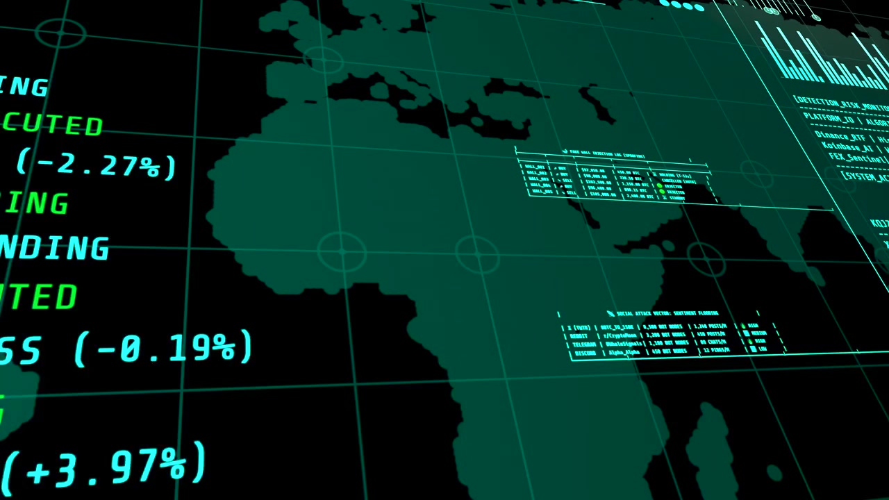 An advanced command terminal monitors real-time global financial transactions, crypto trading metrics, and botnet configuration logs. Ideal for cyber defense and dark web hacker themes.