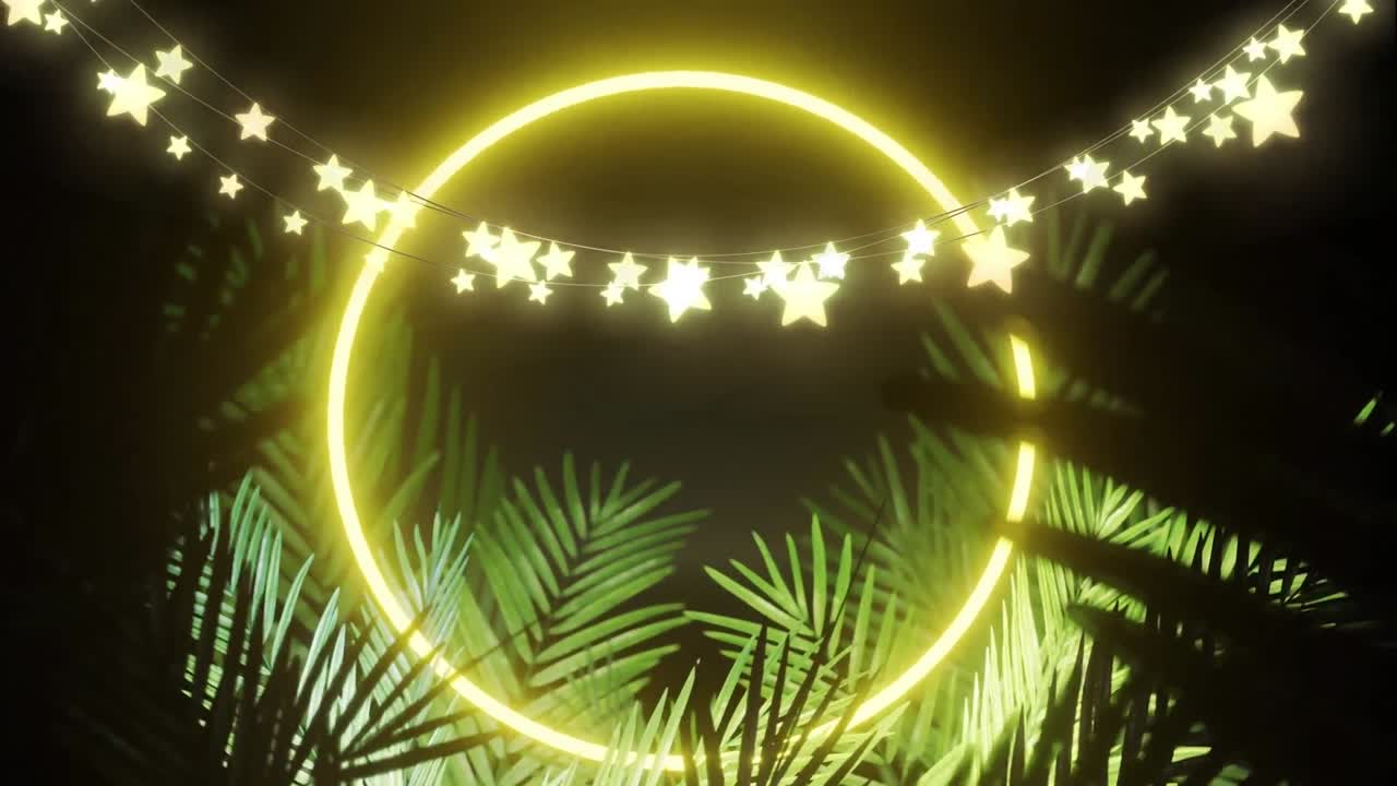 黒い背景に、星形ストリングライトと黄色のネオンリング、ヤシの葉のアニメーション