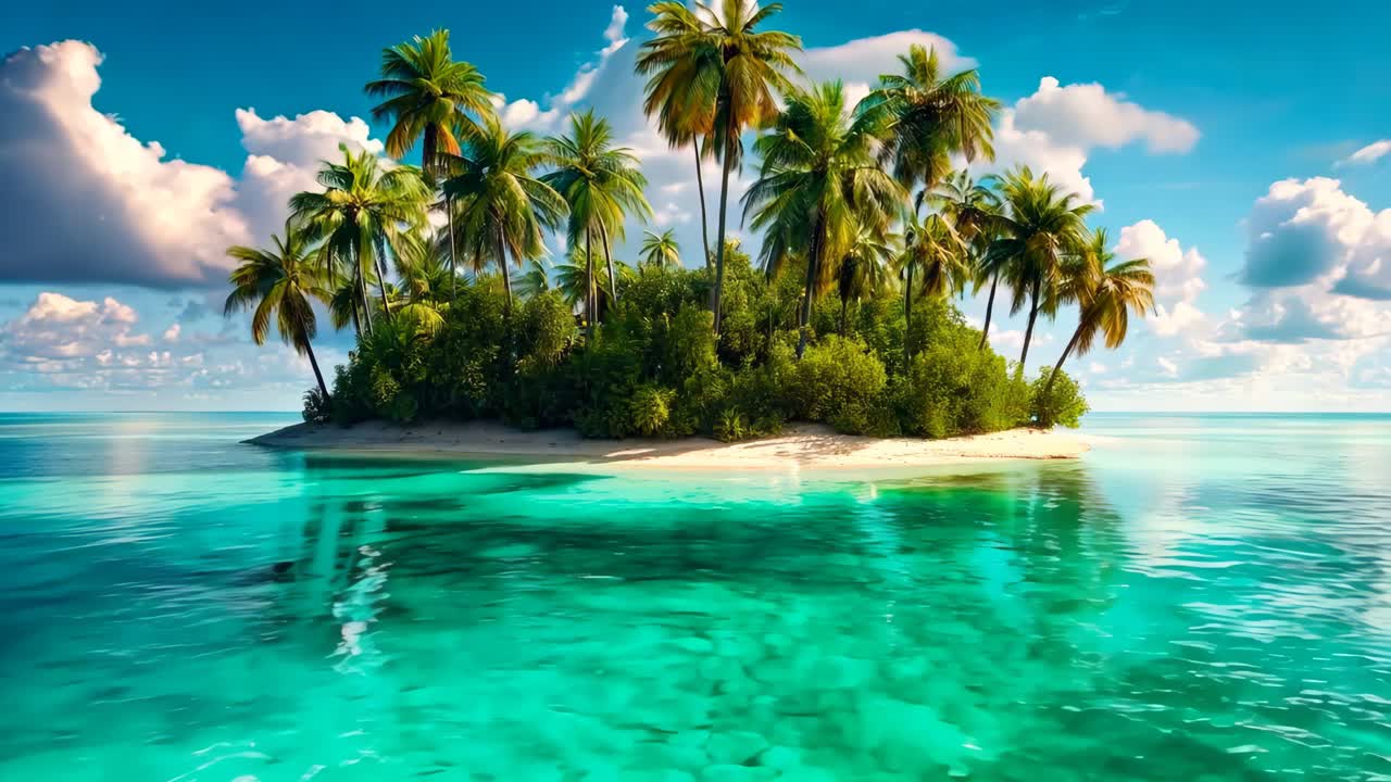 Uma pequena ilha no meio do oceano, cercada de palmeiras.