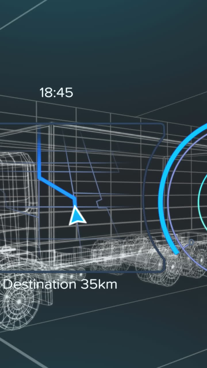 차량 인터페이스에서 스피도미터, gps 및 충전 상태 데이터의 애니메이션, 3d 트럭 모델