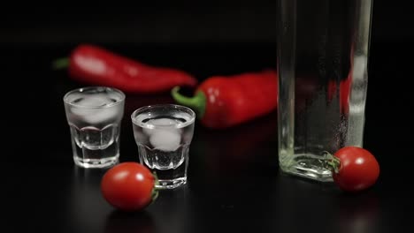 Cherry-tomato-roll-up-to-two-cups-of-vodka.-Black-background