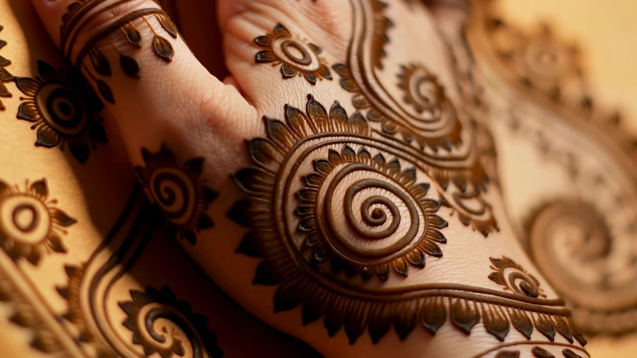 Una vista ravvicinata dettagliata di una mano che applica pasta di henné sulla pelle, mettendo in mostra l'arte e il significato culturale del tatuaggio tradizionale all'henné. Questa scena evidenzia la bellezza e