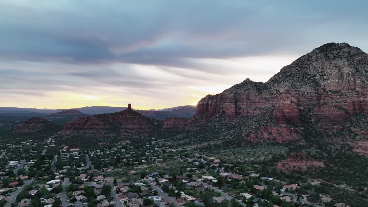 Sedona Suburbs With Historical Red Rock Formation During Sunset In Arizona, USA