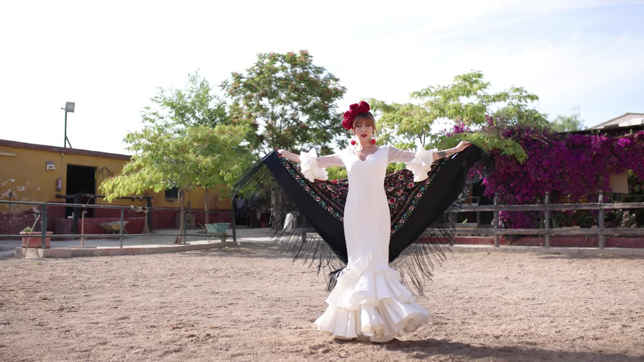Elegante ballerina di flamenco spagnola in posa con scialle in un'arena all'aperto