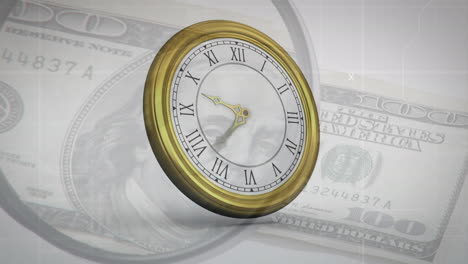 animación del reloj y la lupa sobre el billete de moneda del dólar estadounidense.