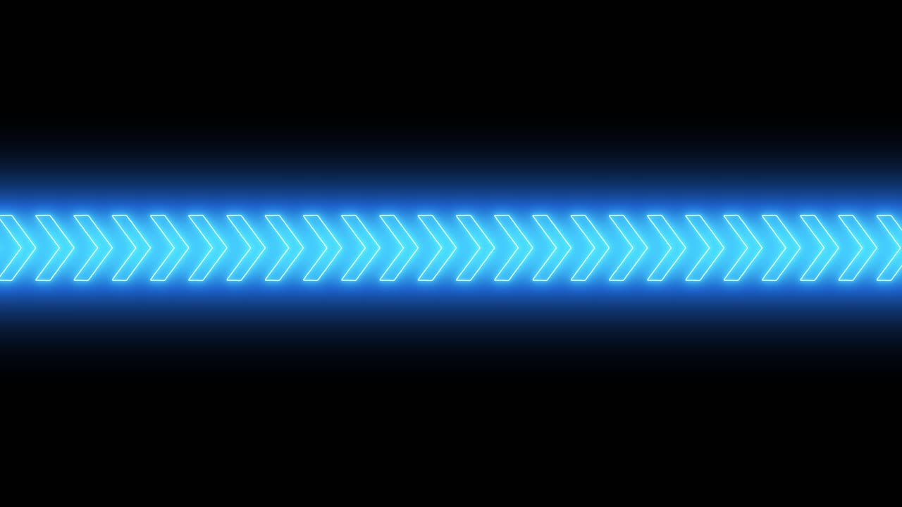 Animazione di movimento con freccia blu al neon luminoso, isolata su sfondo nero
