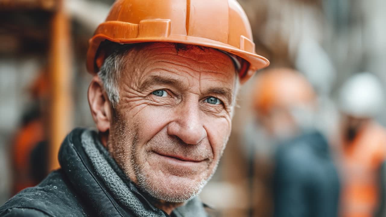 Experienced Construction Worker in Safety Gear with Warm Smile, Surrounded by Colleagues on Job Site, Highlighting Dedication and Skill in Building Industry