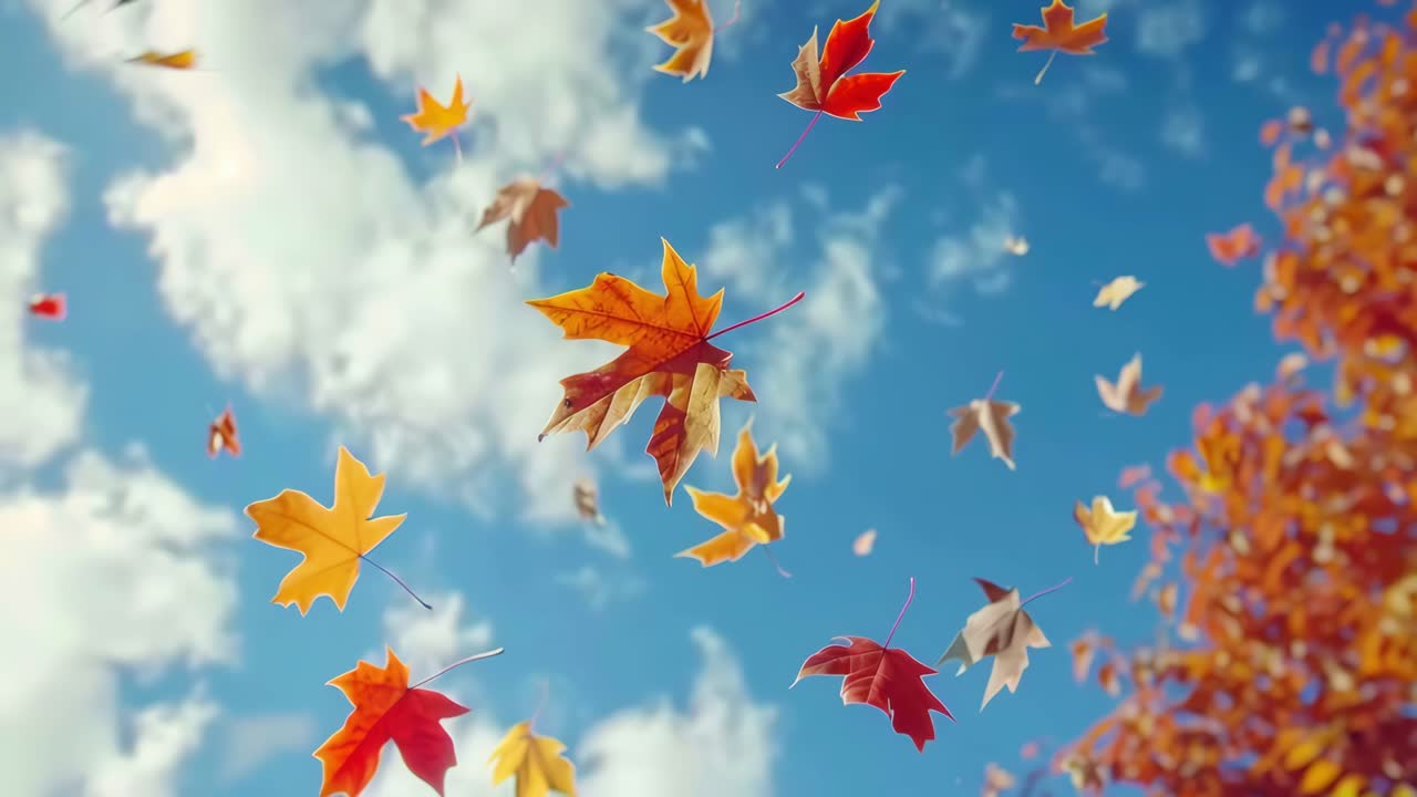 A low-angle video shot of vibrant autumn leaves gently falling against a clear blue sky