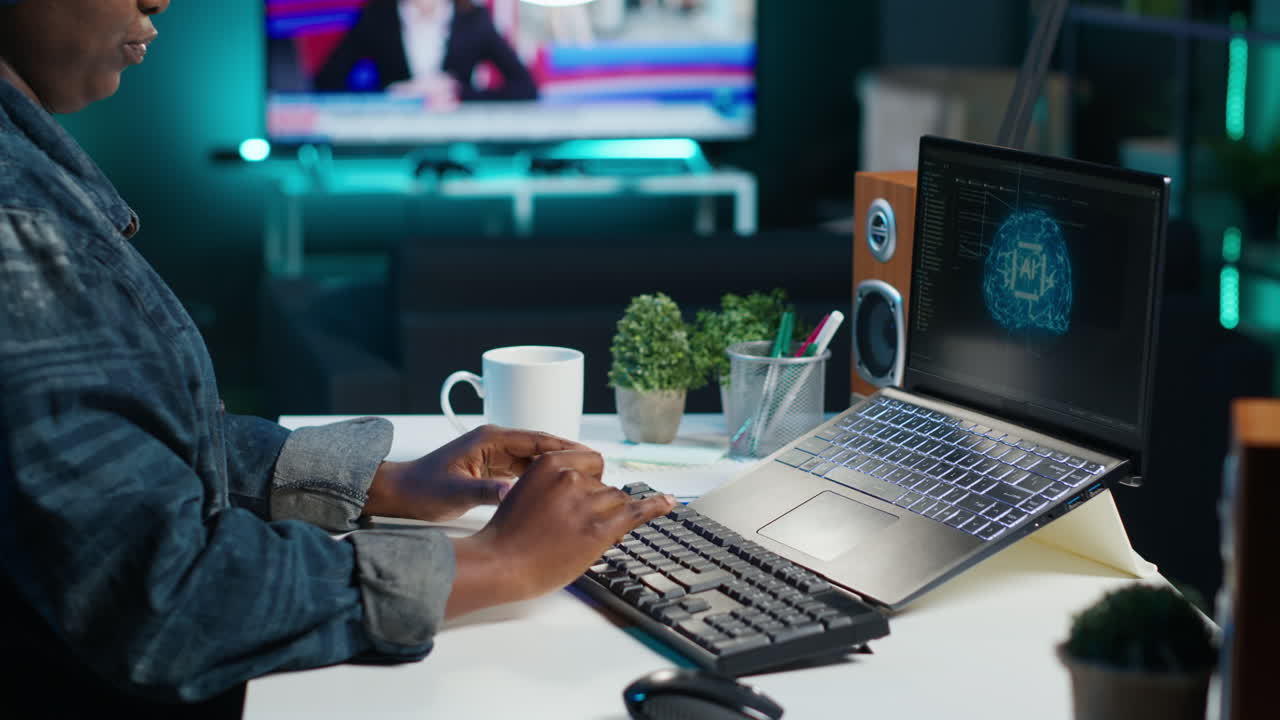 Woman Working on Laptop at Night