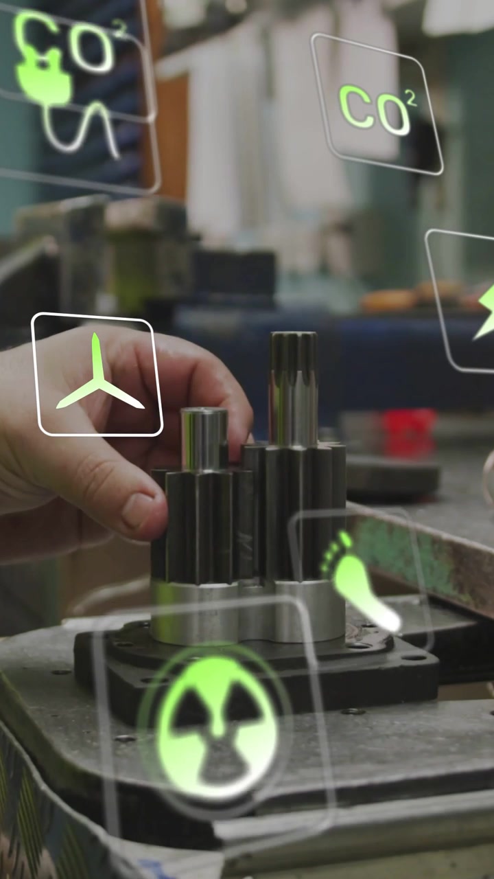 Video vertical: Mano tecnológica insertando un eje de alineación izquierda para el montaje, con iconos de RA mostrando datos de la tienda.
