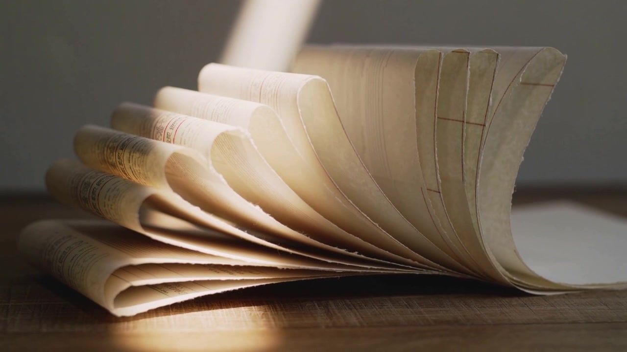Warm light shifting, open book pages lifting and fanning on wooden table, bringing out sewn spine