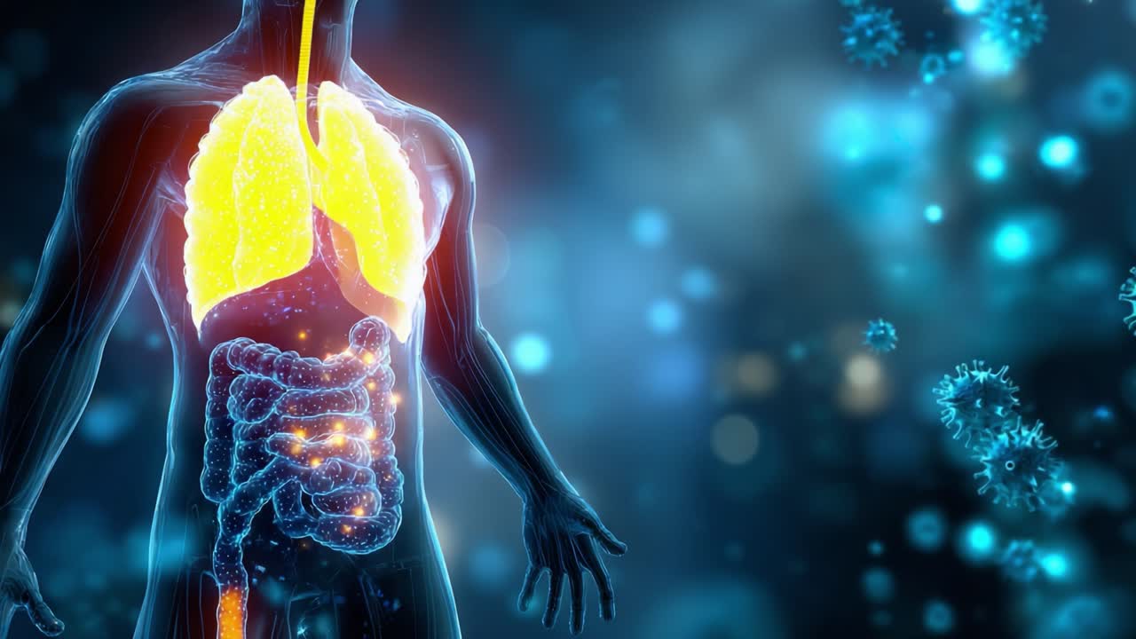 肺と消化器系が動的な環境で粒子と相互作用する様子を強調した、人体解剖学の見事な視覚的表現