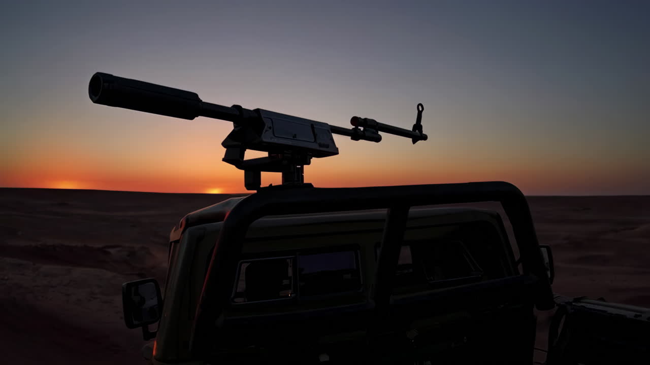 Military Truck with Weapon at Sunset in Desert