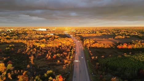 aerial  fall morning light over a highway timelapse