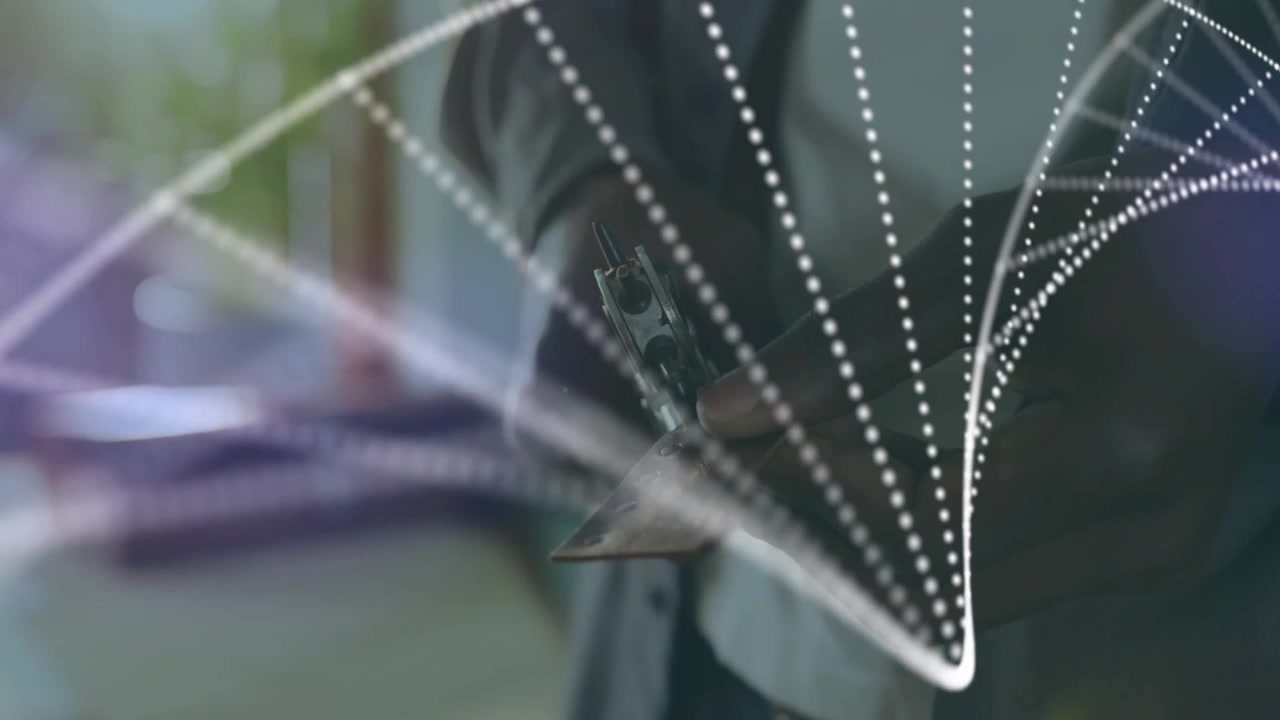 Man tapping phone screen initiating dots clustering into tech network arcs emanating from device