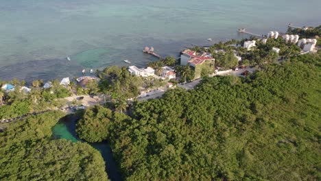 Vista-Aérea-Sobre-El-Cenote-Y-La-Costa-De-Alea,-Tulum-En-México