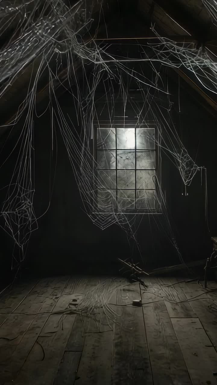Vertical video: Filtering dusk light through attic window illuminating cobwebs, debris and trunk