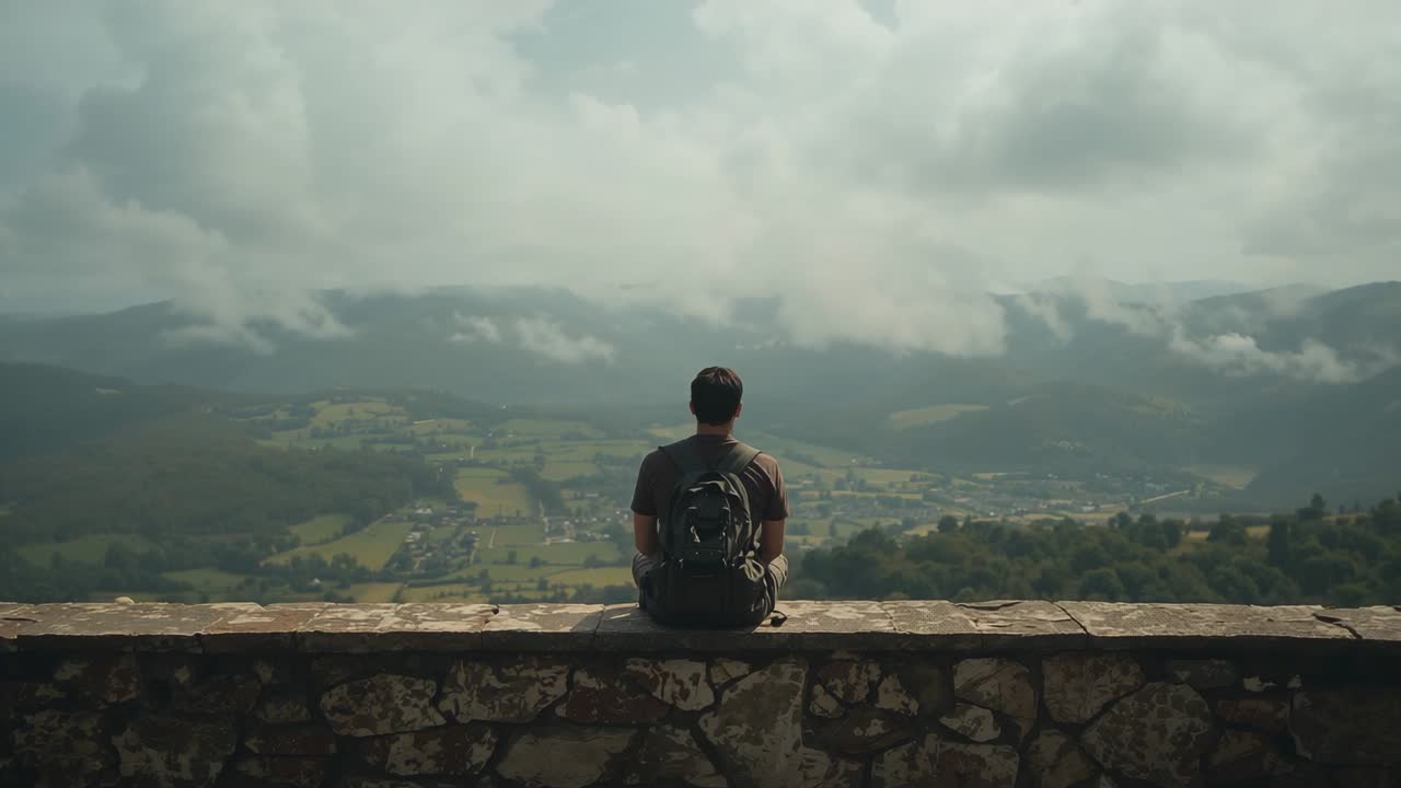 Escursionista seduto con maglia e pantaloni scuri osserva la valle e il villaggio da un muretto di pietra, con lo zaino.