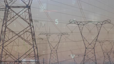 animation of cyber attack data processing over electricity pylon and landscape