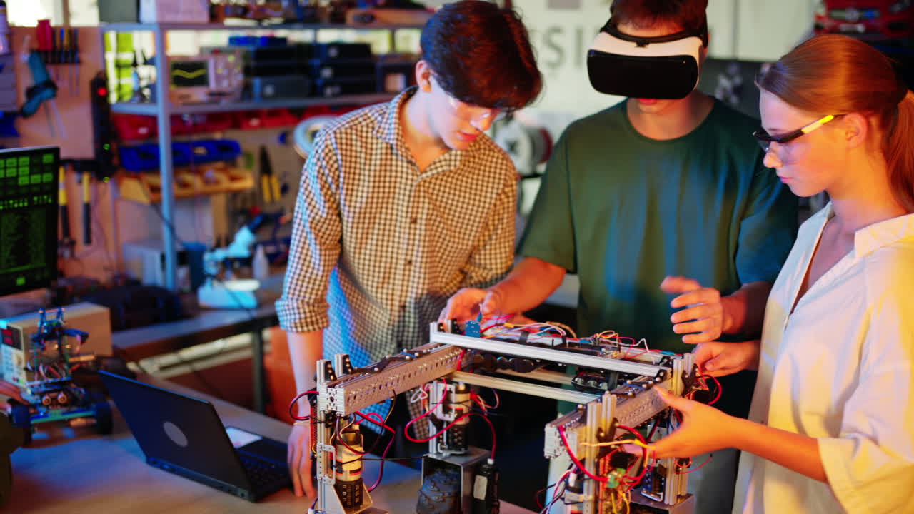 Young engineers with VR virtual reality headset fixing a robotic car in research laboratory, slow motion