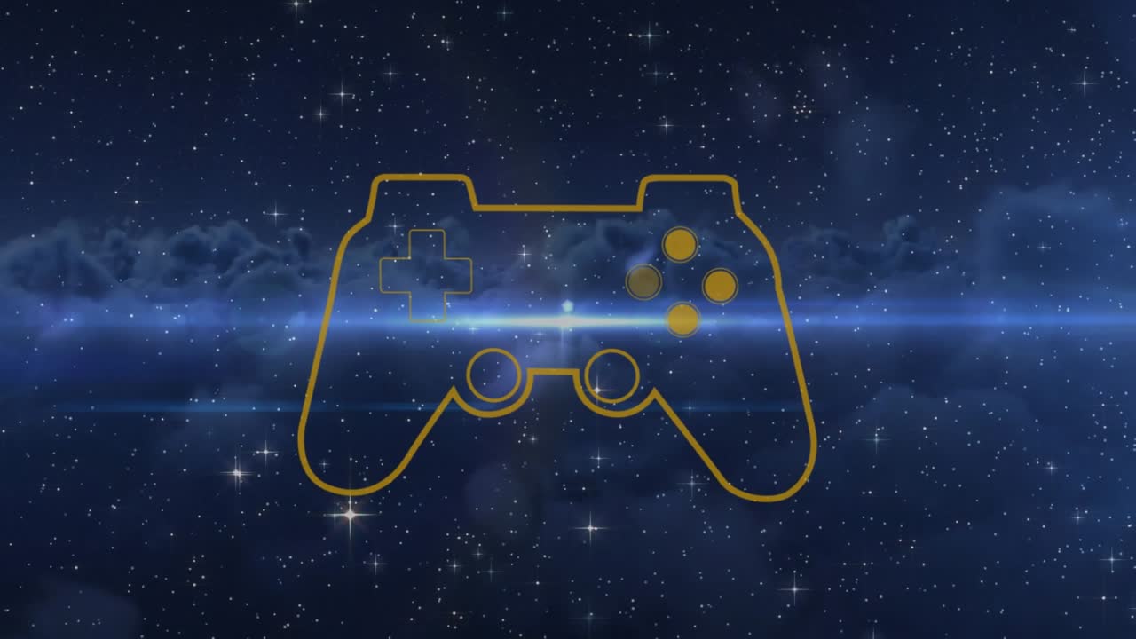 Animation of yellow game controller over moving particles, stars and cloudscape