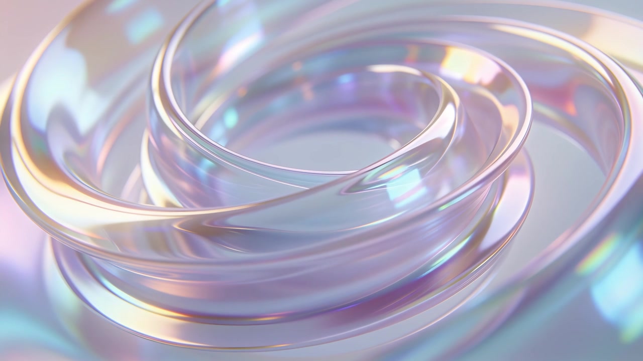 Shifting camera moving around translucent spiral sculpture on base, revealing iridescent highlights