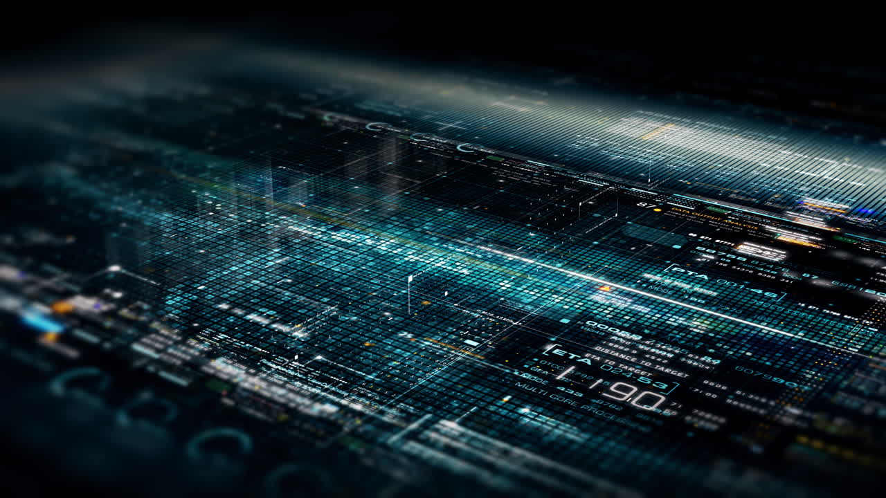 Futuristic abstract de-focus data matrix, meta, metaverse, telemetry and encrypt numbers display with particles simulation in cyber space environment for head up display background
