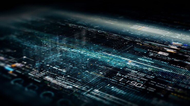 Matrice di dati astratta futuristica sfocata, meta, metaverso, telemetria e visualizzazione di numeri crittografati con simulazione di particelle in un ambiente cibernetico per sfondo di head-up display