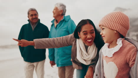 grandparents, pointing and girl with parents