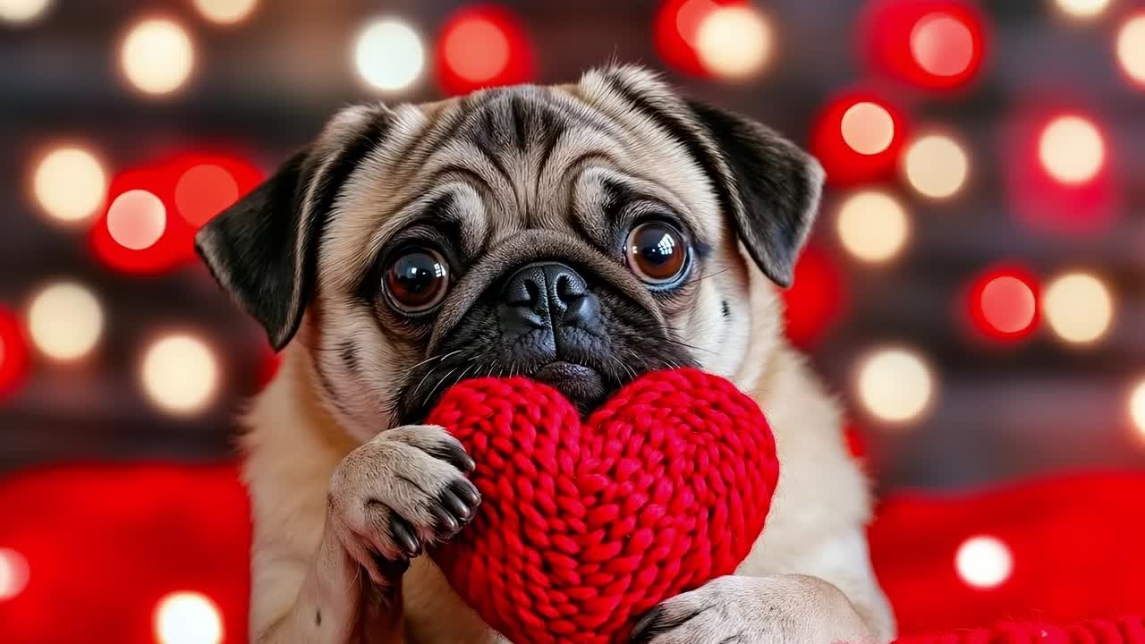 A pug dog holding a red heart in its paws