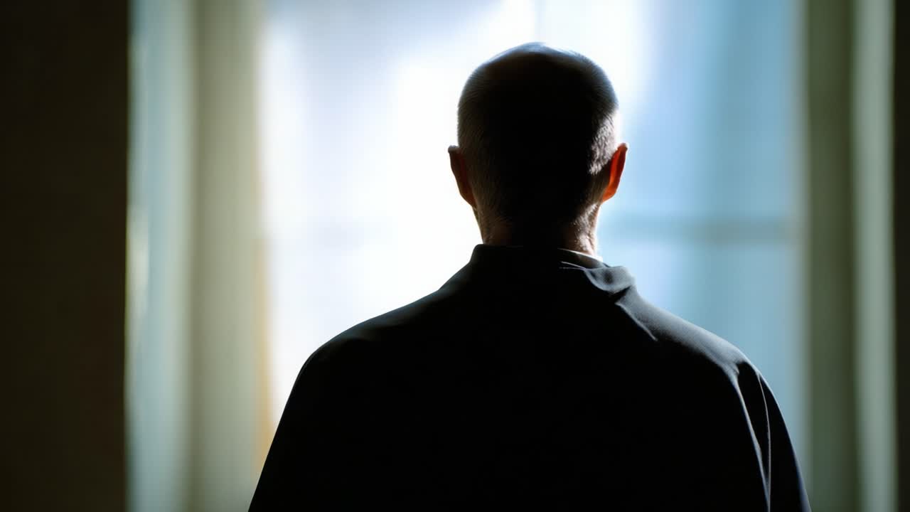 A contemplative figure stands against a softly illuminated window, observing the world beyond while deep in thought and reflection, casting a peaceful ambiance in the setting
