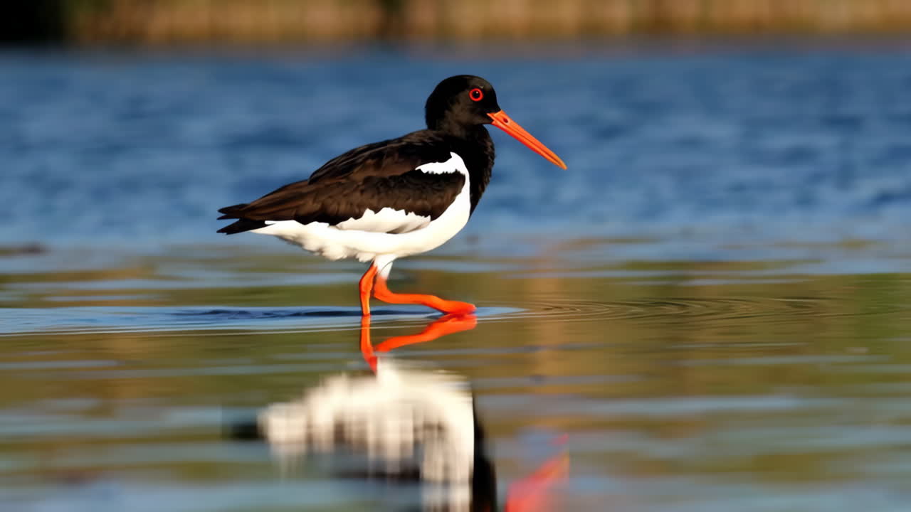 An oystercatcher bird wading in water with its reflection
