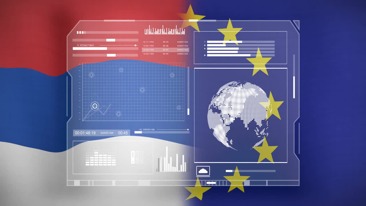 Serbian and EU flags with digital data and globe animation overlay