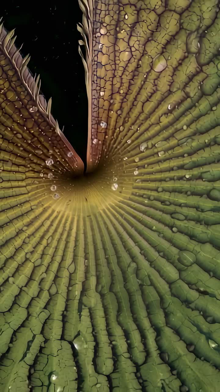 Video verticale: Trappola a coppa che si apre mostrando una fessura a V in macro, con goccioline che si spostano e si fondono nella cavità.