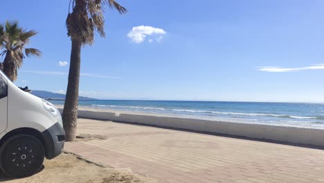 una foto de una playa con cielo azul, palmeras y una furgoneta estacionada en un estacionamiento