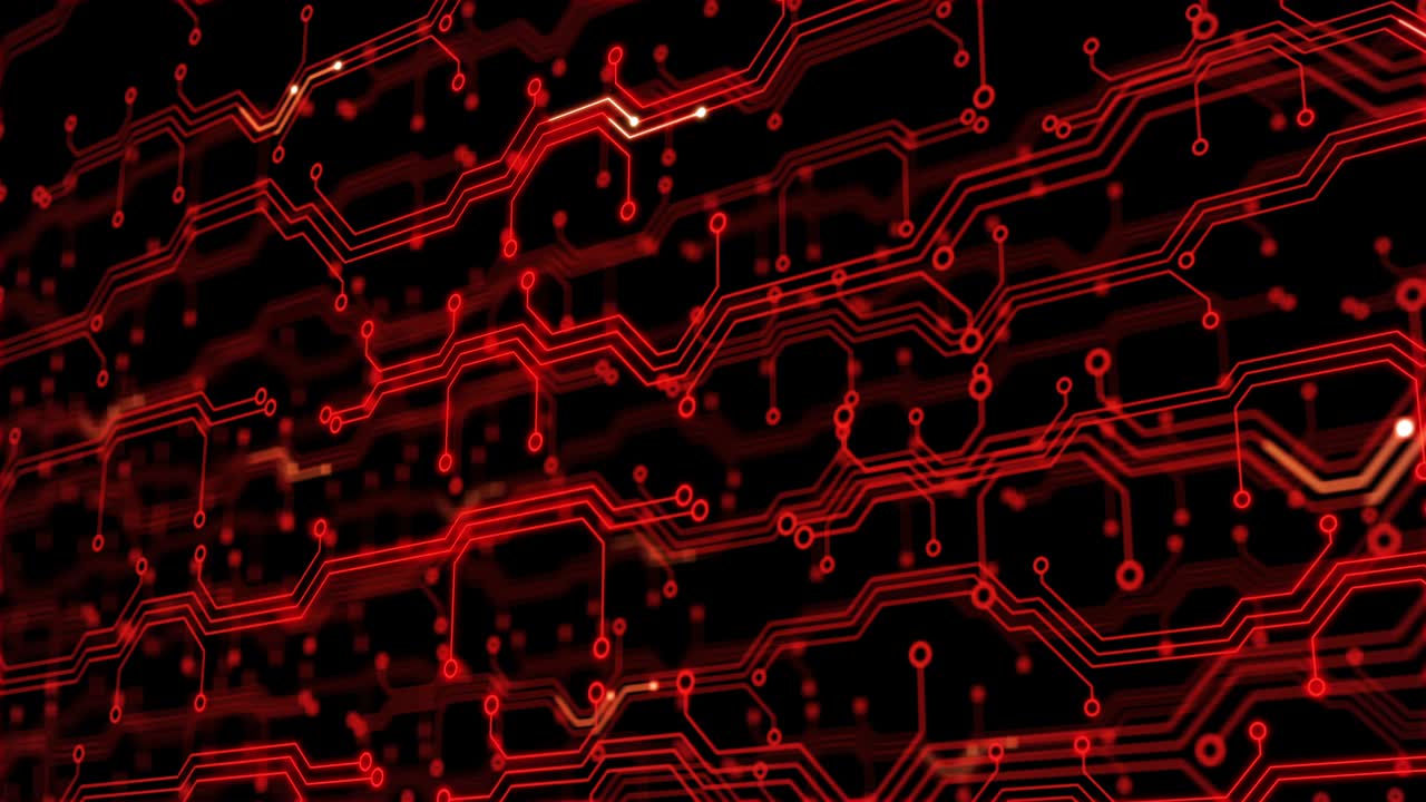 fondo de tecnología abstracta. placa de circuito procesamiento futurista con tecnología de red digital animación en bucle. fondo rojo con señales eléctricas de circuito