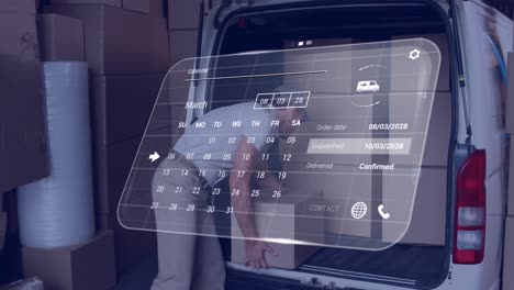 animación de la interfaz digital con calendario y procesamiento de datos sobre el repartidor caucásico