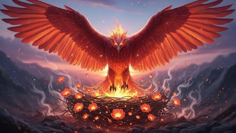 a majestic phoenix rising from the ashes: an inspired representation of rebirth and renewal surrounded by enigmatic flames and vibrant flowers