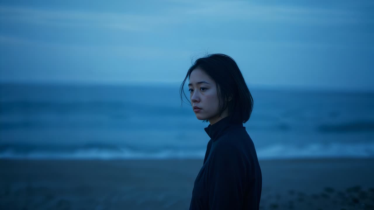暗いジャケットを着て海に向かって歩き、立ち止まり、涼しげな青い光に引き寄せられるアジア人女性。