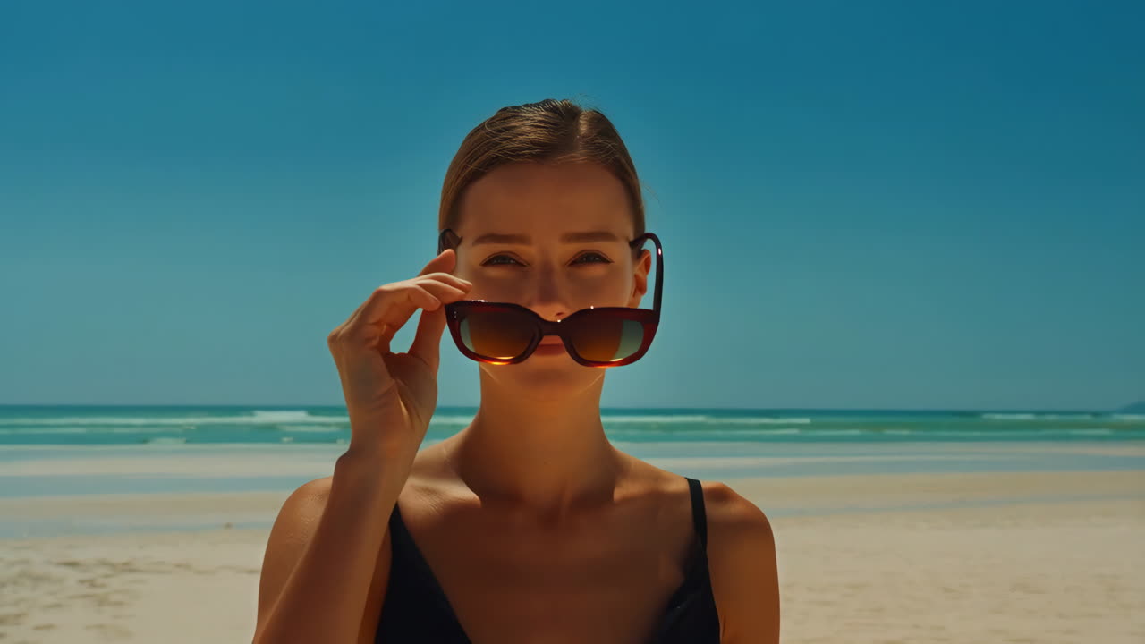 Donna su una spiaggia assolata con occhiali da sole