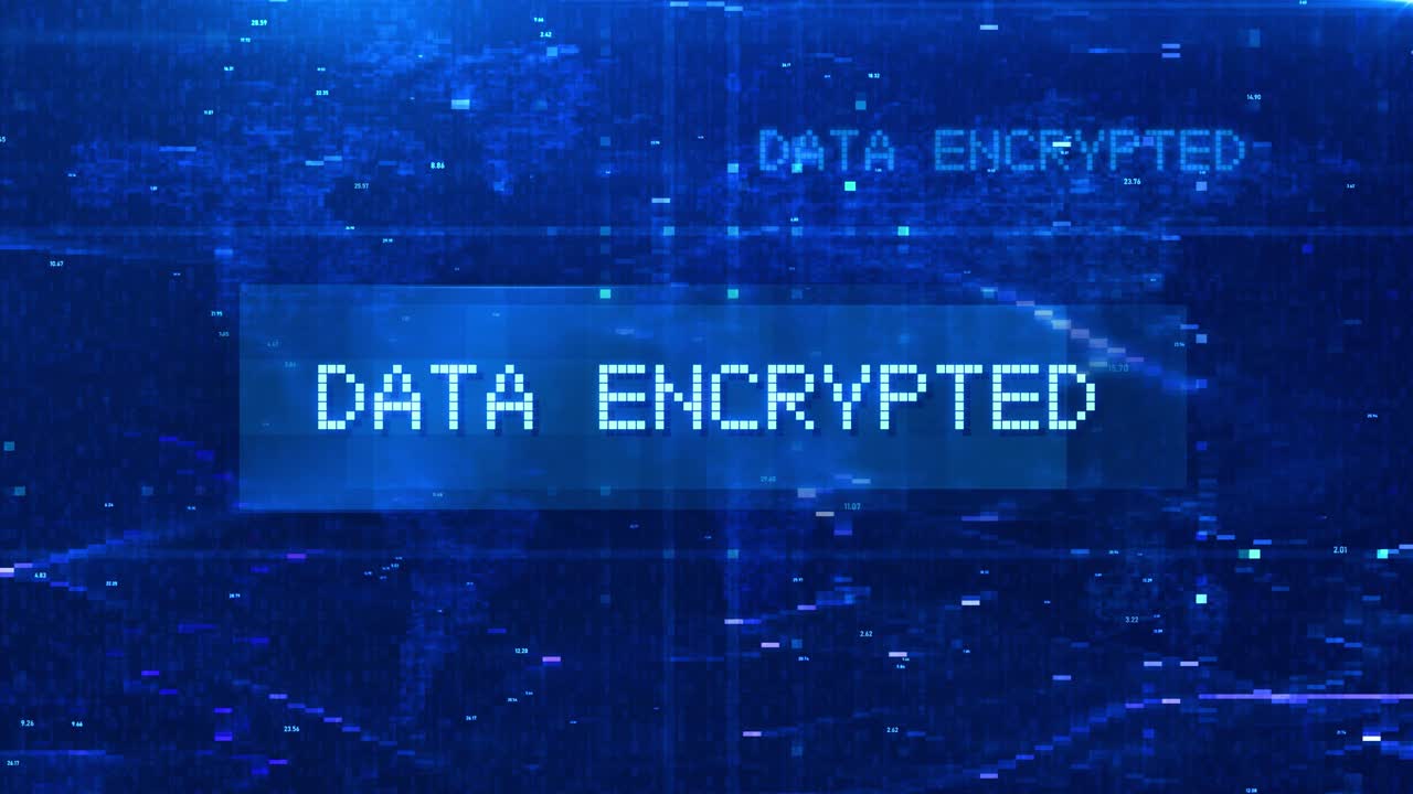 Data Encrypted Digital Text Animation over Futuristic World Map and HUD Effects