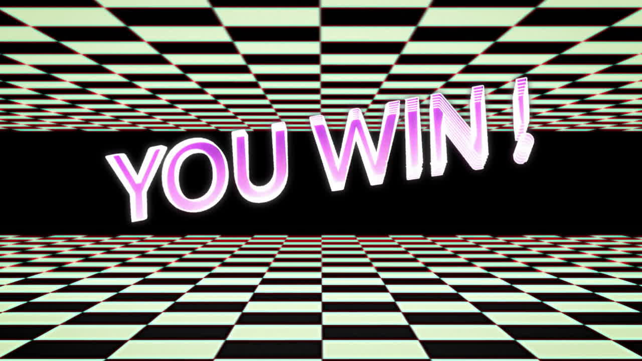 Animation of you win text over black and white squares on black background