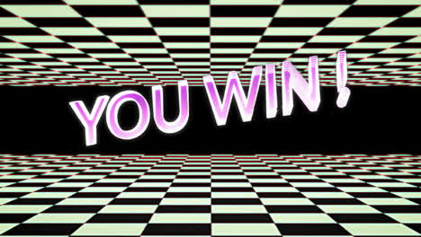 animation of you win text over black and white squares on black background