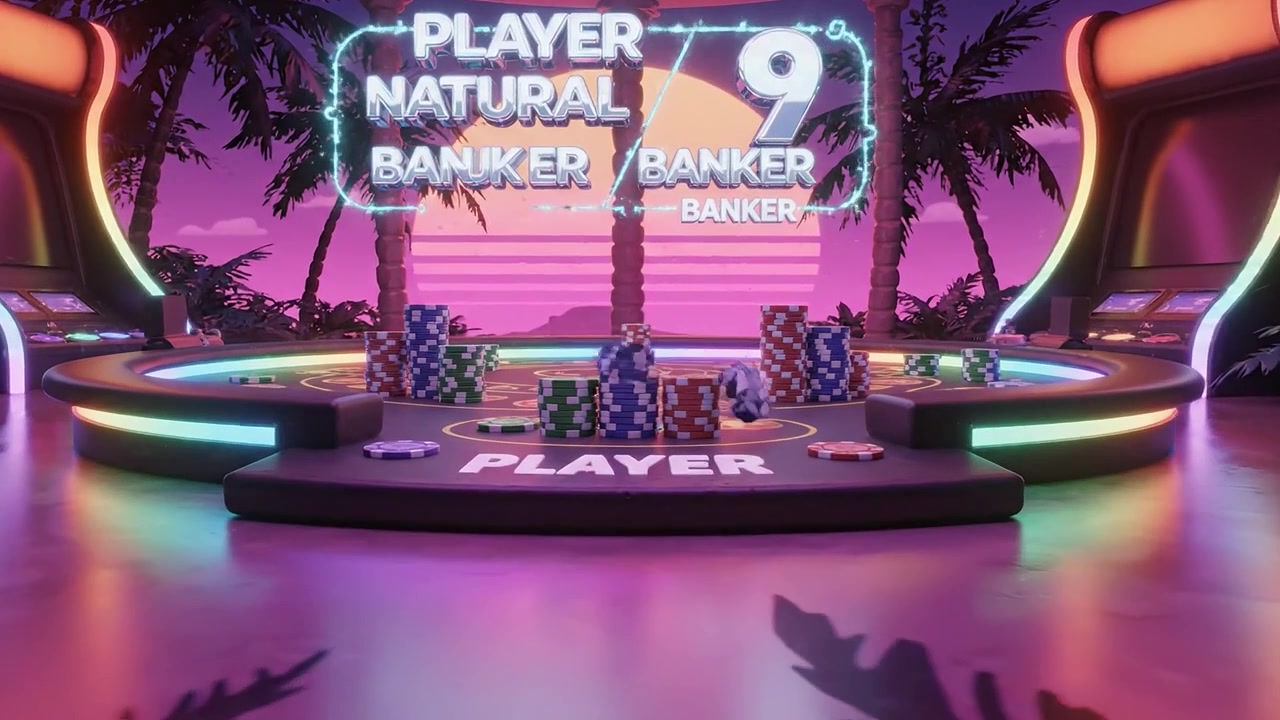Una vivace scena di casinò che mostra un tavolo da gioco colorato con fiches e carte, evidenziando l'emozione del giocatore contro il banco in un'atmosfera tropicale.