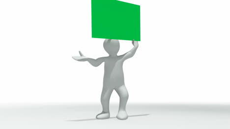 animation showing 3d man with a green placard in his hands