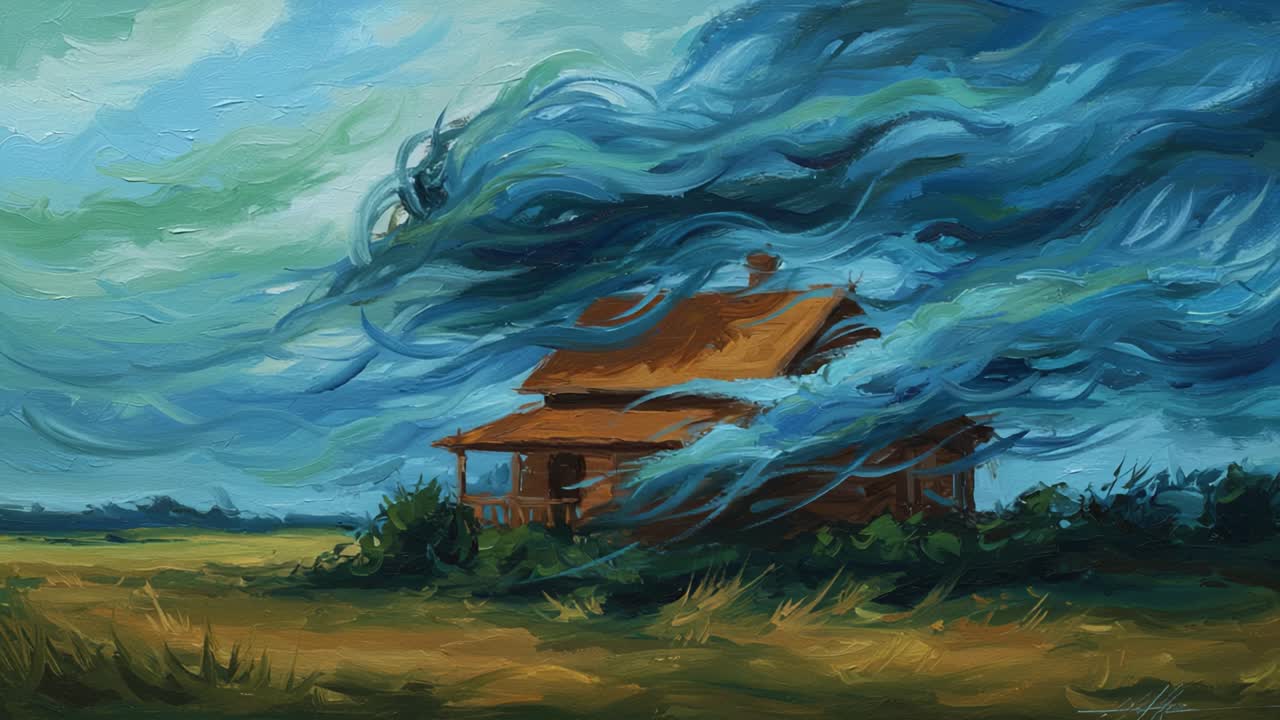 Une scène dramatique de la fureur de la nature : Une maison rustique luttant contre un ciel dynamique rempli de nuages tourbillonnants et d'orages menaçants dans un paysage coloré.