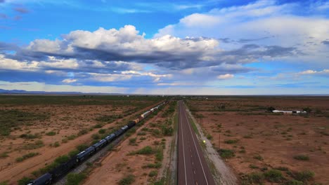 Train-in-West-Texas-on-Lonely-Road-drone-footage