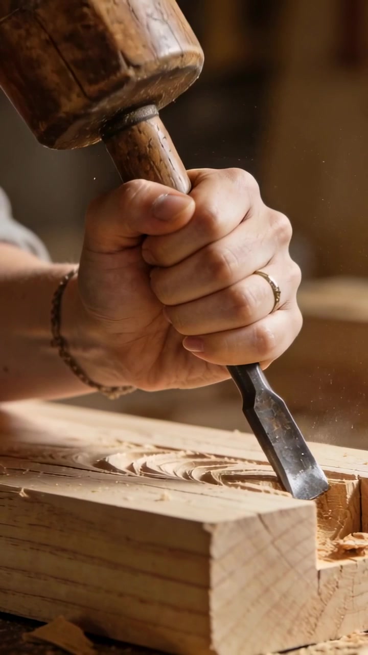 Carpenter raising mallet and striking chisel, carving groove in plank making shavings for carpentry